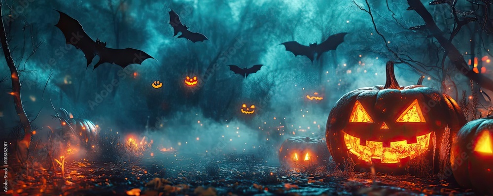 Misty forest scene with glowing pumpkins and flying bats, evoking a spooky Halloween atmosphere. Misty forest scene with glowing pumpkins and flying bats, evoking a spooky Halloween atmosphere.