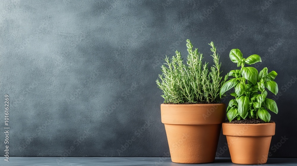 Small Herb Garden with Basil and Rosemary Plants Small Herb Garden with Basil and Rosemary Plants