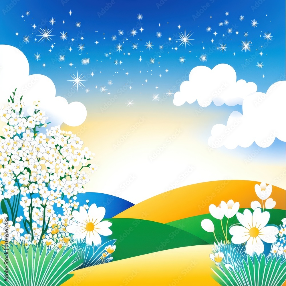 Vibrant spring landscape with blooming flowers under a starry sky at dawn Vibrant spring landscape with blooming flowers under a starry sky at dawn