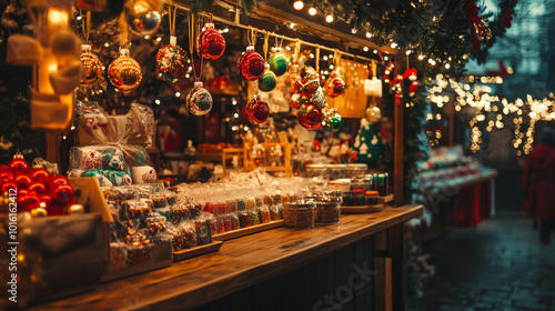 Christmas market stall, with twinkling lights, selling Christmas tree baubles and decorations.