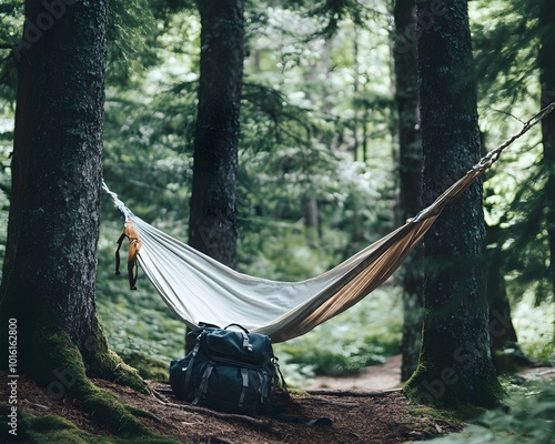 Hammock Camping in a Lush Forest with Backpack photo