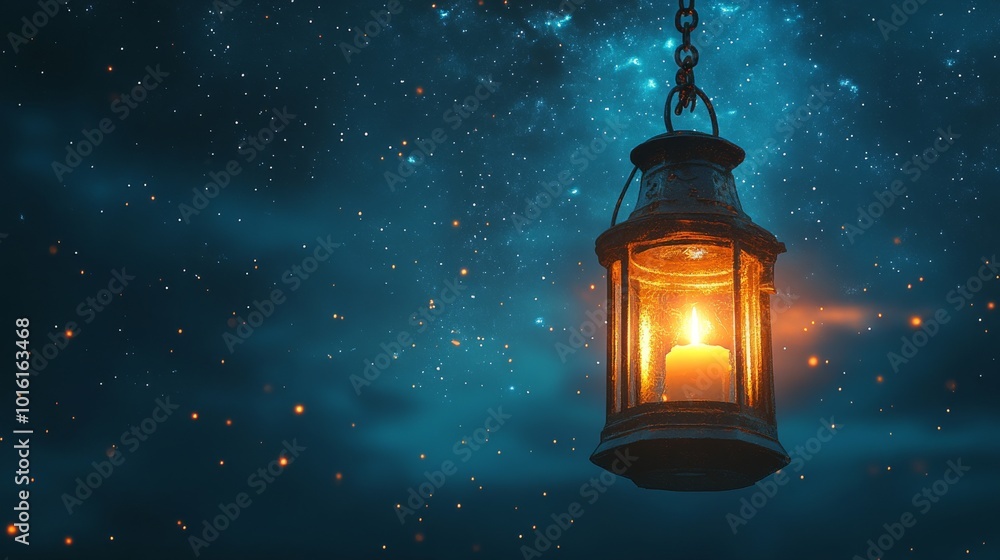 A lone lantern hanging against a dark night sky with scattered stars and distant clouds . A lone lantern hanging against a dark night sky with scattered stars and distant clouds .