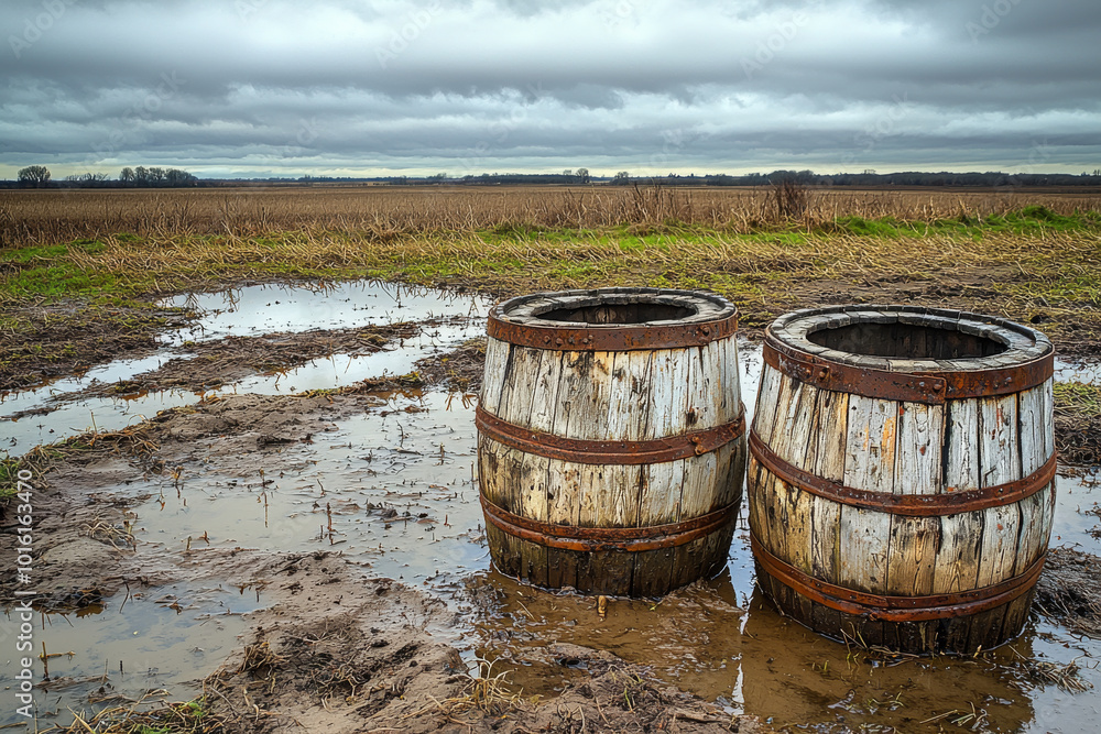 Two weathered wooden barrels sit in a muddy field under a cloudy sky, reflecting a rural landscape. Two weathered wooden barrels sit in a muddy field under a cloudy sky, reflecting a rural landscape.