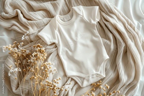 Top view of white baby bodysuit on beige blanket with dried flowers in boho style, high resolution