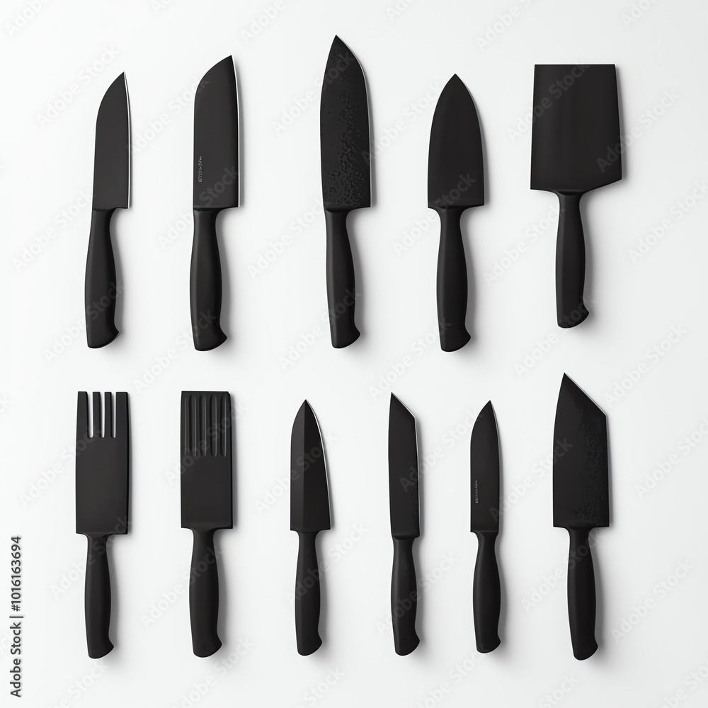 Minimalist arrangement of chef's knives, varying sizes on stark white Minimalist arrangement of chef's knives, varying sizes on stark white