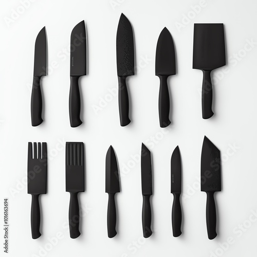 Minimalist arrangement of chef's knives, varying sizes on stark white