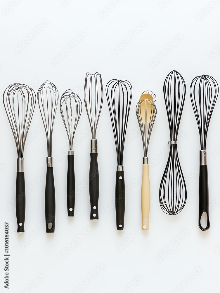 Variety of whisks showing different wire patterns against white background Variety of whisks showing different wire patterns against white background