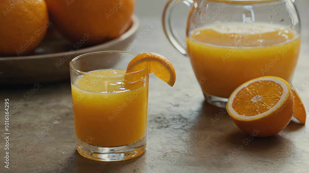 Orange juice, freshly squeezed in a glass, highlighting the bright orange fruit, a delicious and nutritious drink perfect for any occasion Orange juice, freshly squeezed in a glass, highlighting the bright orange fruit, a delicious and nutritious drink perfect for any occasion