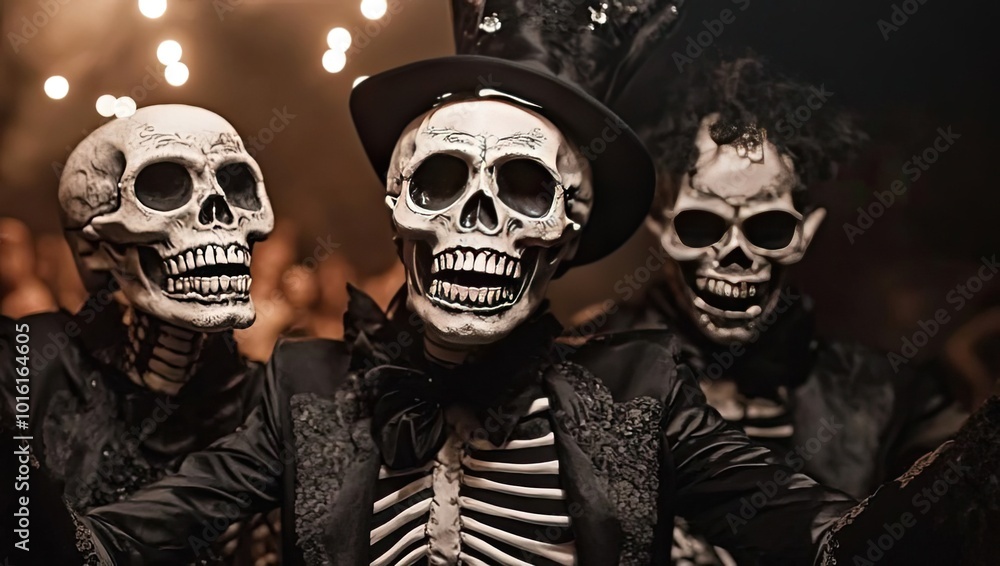 Three stylish skeletons dressed in hats and coats, celebrating in a lively atmosphere. Perfect for Halloween-themed projects. Three stylish skeletons dressed in hats and coats, celebrating in a lively atmosphere. Perfect for Halloween-themed projects.
