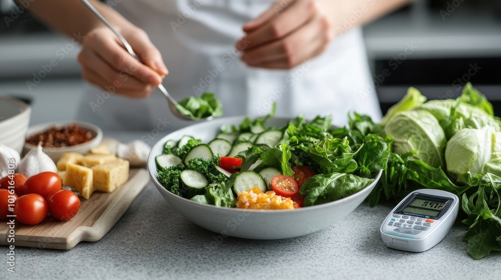 Chopping and mixing fresh vegetables to create a nutritious salad for a healthy meal Chopping and mixing fresh vegetables to create a nutritious salad for a healthy meal