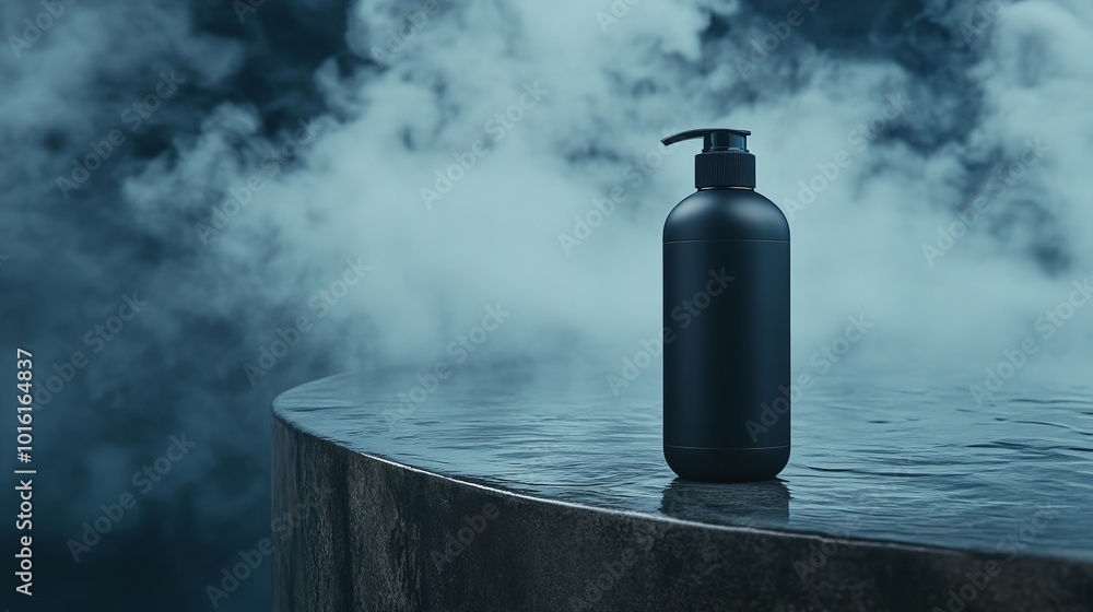 Elegant Shampoo Bottle on Bathtub Edge with Steam Elegant Shampoo Bottle on Bathtub Edge with Steam
