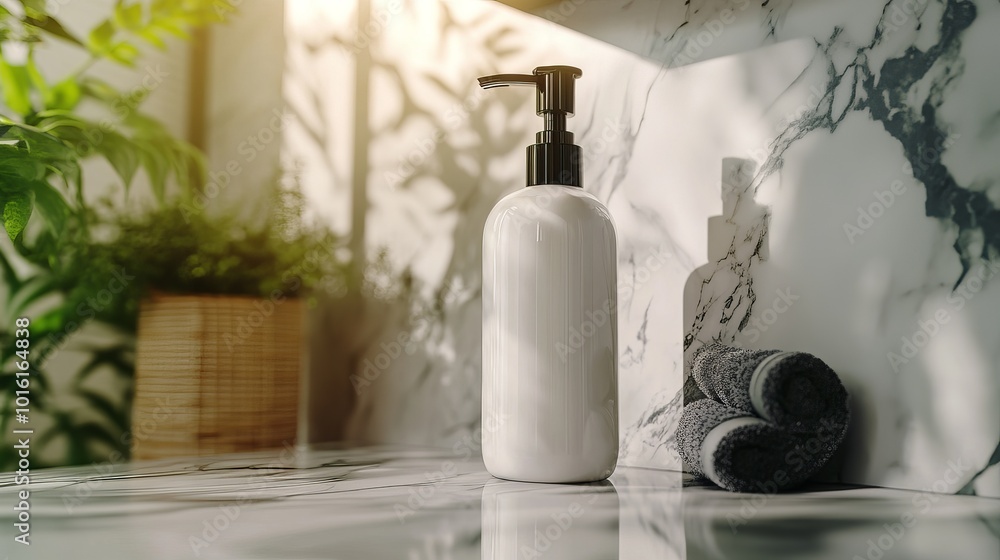 Modern Minimalist Shampoo Bottle in Shower Setting Modern Minimalist Shampoo Bottle in Shower Setting