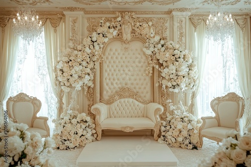 luxury white and cream bridal room decoration with beautiful flowers and elegant royal carving 