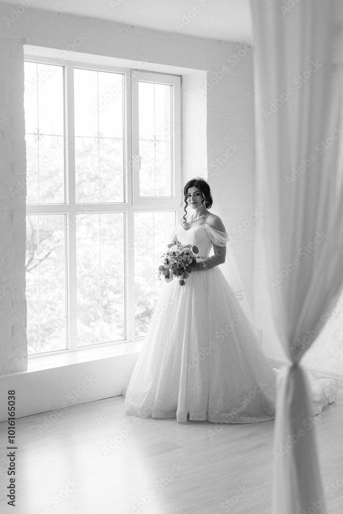 black-haired bride girl getting ready for groom in boudoir black-haired bride girl getting ready for groom in boudoir