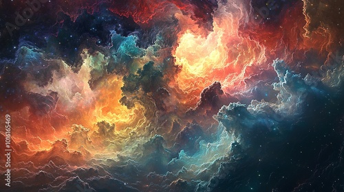 A vibrant cosmic scene featuring swirling clouds of color, reminiscent of a nebula, with hues of orange, blue, and green blending in an ethereal display.