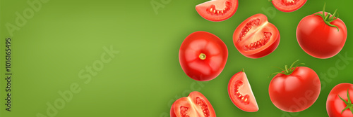 Natural fresh tomatoes, ripe pieces and whole falling on green background. 3D food illustration.