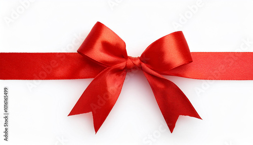 red ribbon with bow isolated on white background, simplicity decoration for add beauty to gift box and greeting card, flat lay close-up top view