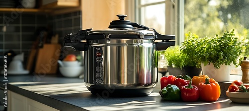 A multi-function pressure cooker on a kitchen counter with a text area to the side