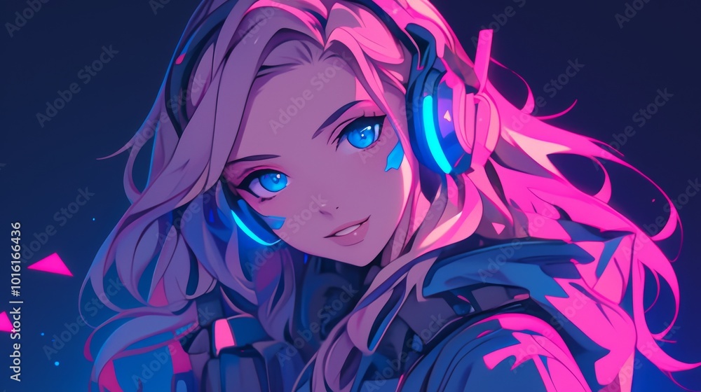Anime girl with pink hair wearing headphones against a dark blue background with glowing pink and blue accents. . Anime girl with pink hair wearing headphones against a dark blue background with glowing pink and blue accents. .