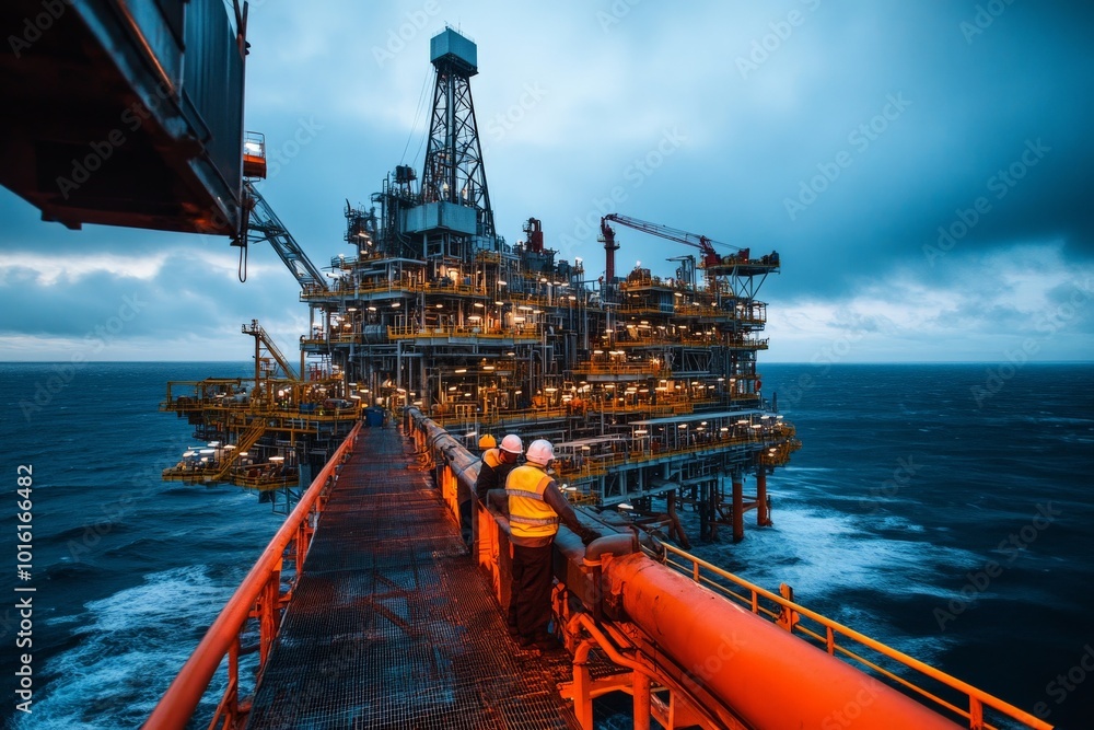 Three workers in safety vests stand on a platform, observing an oil rig amid the sea's vastness, under a cloudy sky, symbolizing dedication and teamwork. Three workers in safety vests stand on a platform, observing an oil rig amid the sea's vastness, under a cloudy sky, symbolizing dedication and teamwork.