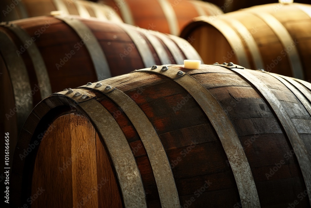 A detailed view of traditional wooden barrels with metal bands, highlighting their texture and craftsmanship, typically used for aging beverages like wine or whiskey. A detailed view of traditional wooden barrels with metal bands, highlighting their texture and craftsmanship, typically used for aging beverages like wine or whiskey.