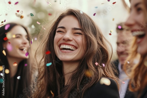 A joyful woman with long hair laughs wholeheartedly, surrounded by vibrant confetti, capturing a moment of pure joy, celebration, and the essence of togetherness. photo