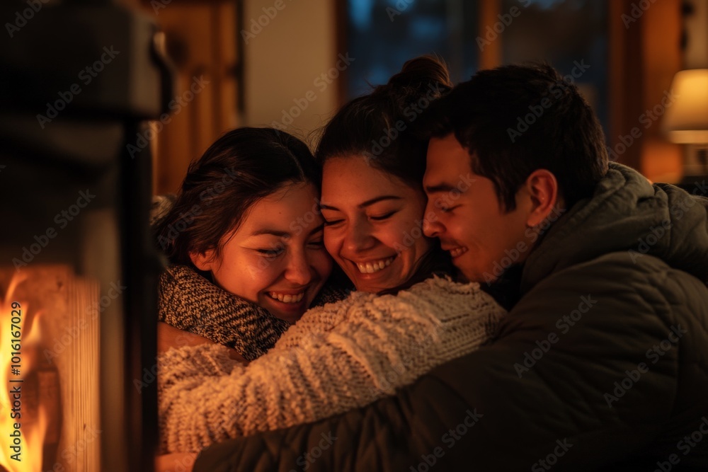 Three friends are joyfully embracing each other in a cozy, heartwarming hug next to a glowing fireplace, exemplifying warmth, comfort, and friendship during a cold evening. Three friends are joyfully embracing each other in a cozy, heartwarming hug next to a glowing fireplace, exemplifying warmth, comfort, and friendship during a cold evening.