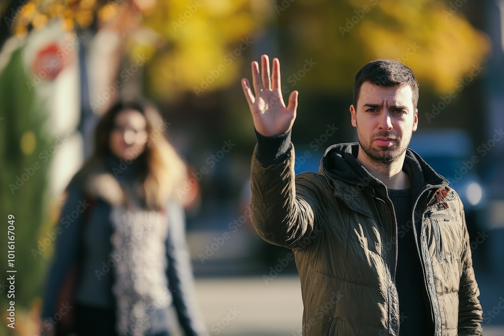 A man faces the camera with his hand raised, appearing to hail a taxi on a bright street lined with autumn trees and a blurred passerby in the background. A man faces the camera with his hand raised, appearing to hail a taxi on a bright street lined with autumn trees and a blurred passerby in the background.