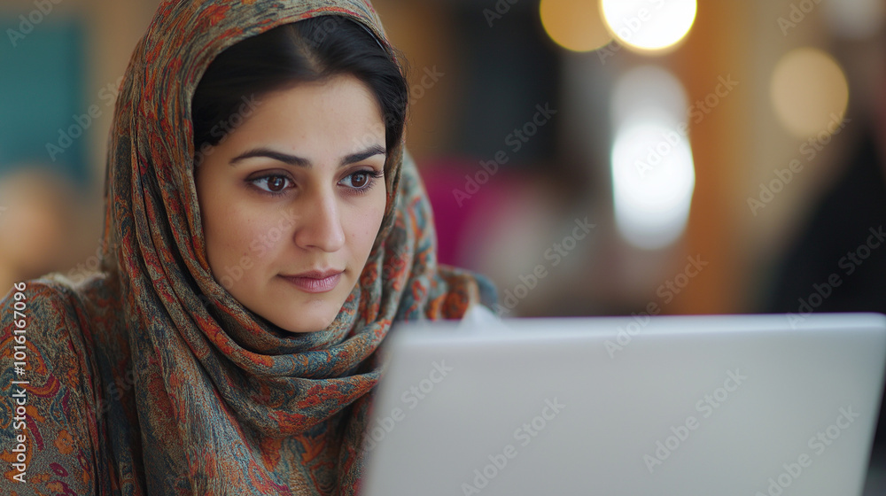 Close-Up of a Middle Eastern Woman Using a Screen Reader on Her Laptop, Focusing on Her Confident and Relaxed Expression While Working Close-Up of a Middle Eastern Woman Using a Screen Reader on Her Laptop, Focusing on Her Confident and Relaxed Expression While Working