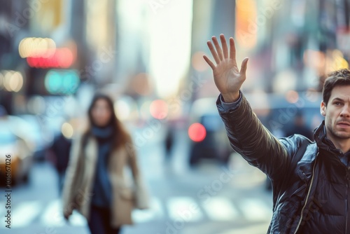 A man raises his hand to hail a taxi on a busy city street corner, surrounded by blurred motion of people walking, emphasizing urban life and vibrancy.