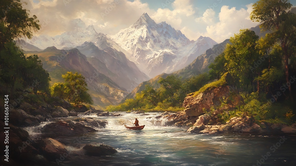 Solitary Fisherman in a Mountain River Valley. Solitary Fisherman in a Mountain River Valley.