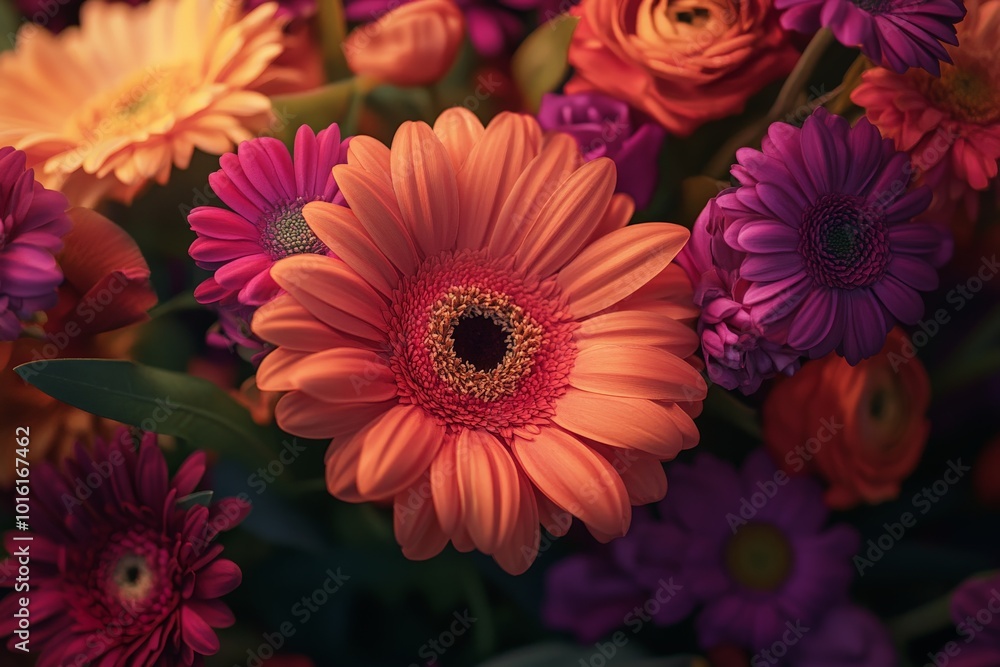 A striking orange gerbera flower is surrounded by vibrant purple blossoms, creating a vivid and colorful floral arrangement full of life and beauty. A striking orange gerbera flower is surrounded by vibrant purple blossoms, creating a vivid and colorful floral arrangement full of life and beauty.