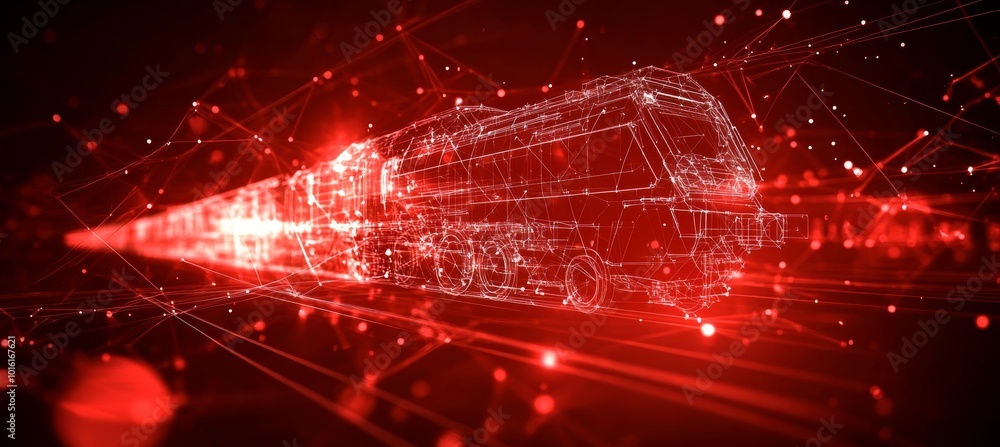 Fototapeta premium Red Futuristic Train Speeding Through Digital Network Data, AI Technology in Transportation