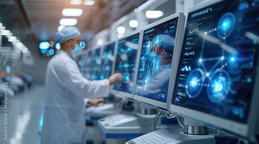 Fototapeta premium Machine learning models analyzing hospital data to improve patient care workflows and reduce waiting times.