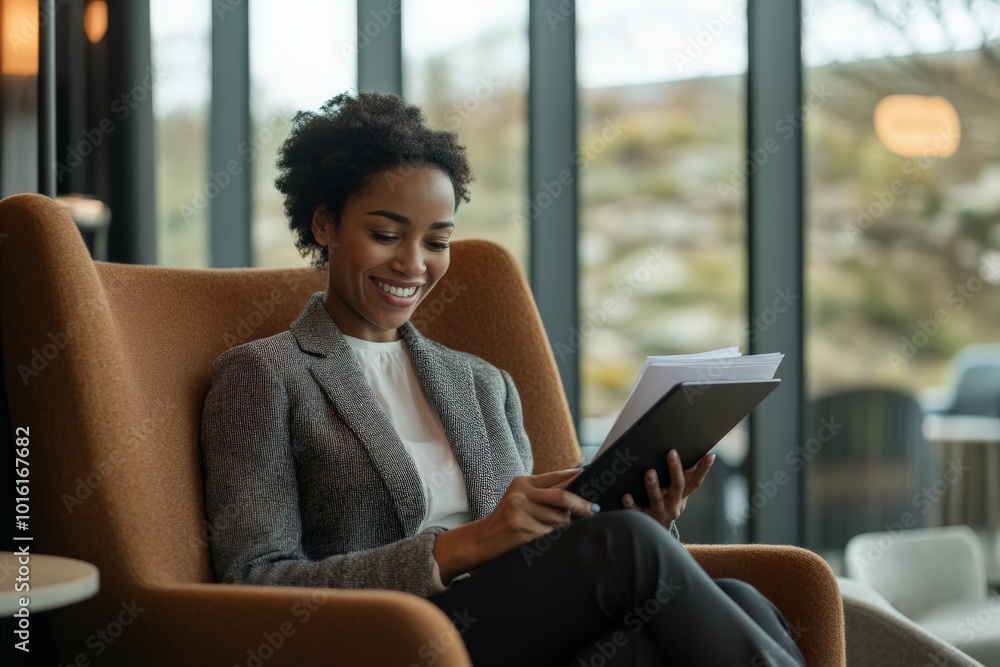 In a contemporary airport setting, a woman in a grey suit smiles while reading her documents. Her demeanor conveys confidence and anticipation for her journey. In a contemporary airport setting, a woman in a grey suit smiles while reading her documents. Her demeanor conveys confidence and anticipation for her journey.