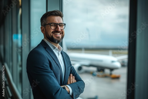 A confident man in a suit smiles while standing by airport windows, looking out at airplanes on the tarmac, embodying optimism and success in a modern airport. photo