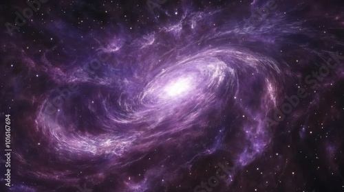 A mesmerizing view of a purple galaxy with swirling stars, nebulae, and cosmic dust, creating an ethereal scene.