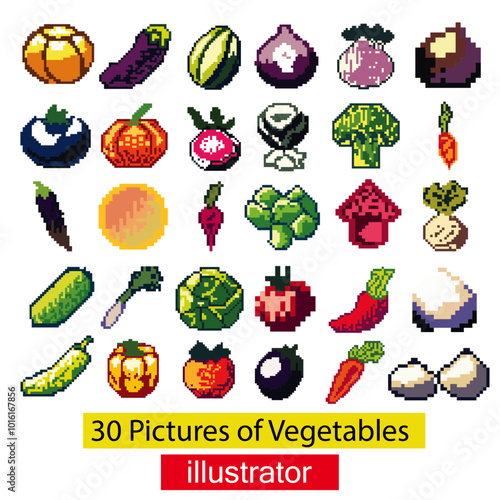 30 pixel art vegetable images in illustrator format, one-time payment for access to all 30 images.