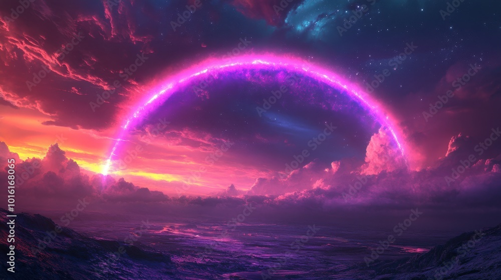 A mesmerizing view of a purple rainbow arching across the sky after a storm, with intricate colors and a glowing backdrop. A mesmerizing view of a purple rainbow arching across the sky after a storm, with intricate colors and a glowing backdrop.