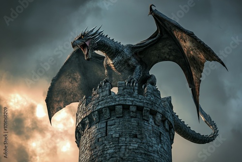 A startling dragon stands atop a castle tower, roaring fiercely as the sky turns golden with the sunset, giving a sense of adventure and fantasy kingdoms.