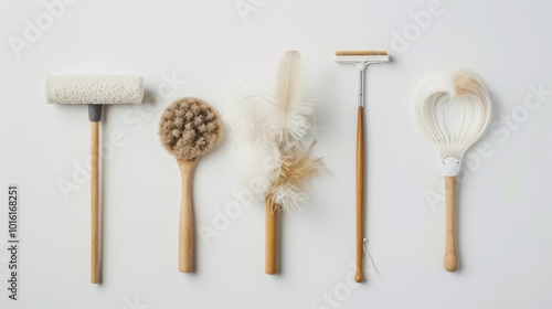 A Row of Wooden Cleaning and Dusting Tools