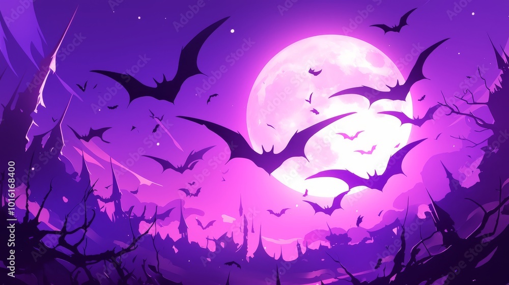 Bats flying around a full moon over a spooky silhouette of a town . Bats flying around a full moon over a spooky silhouette of a town .