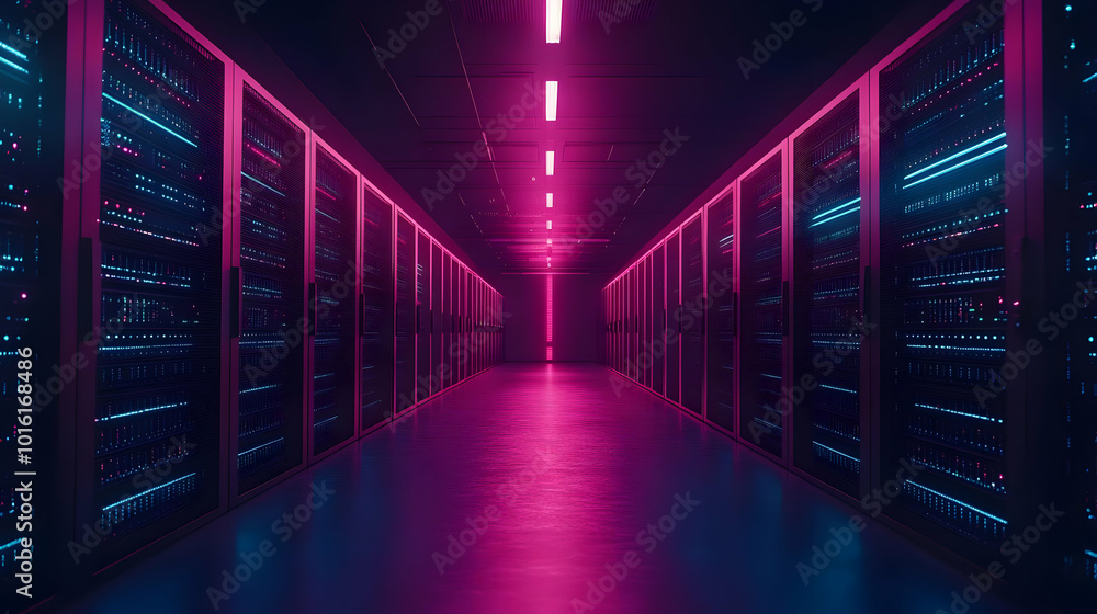 Server Room with Neon Lights 3D Illustration Server Room with Neon Lights 3D Illustration
