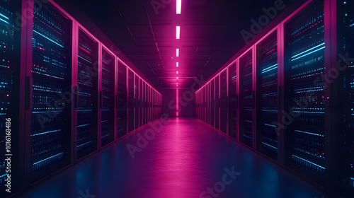 Server Room with Neon Lights 3D Illustration