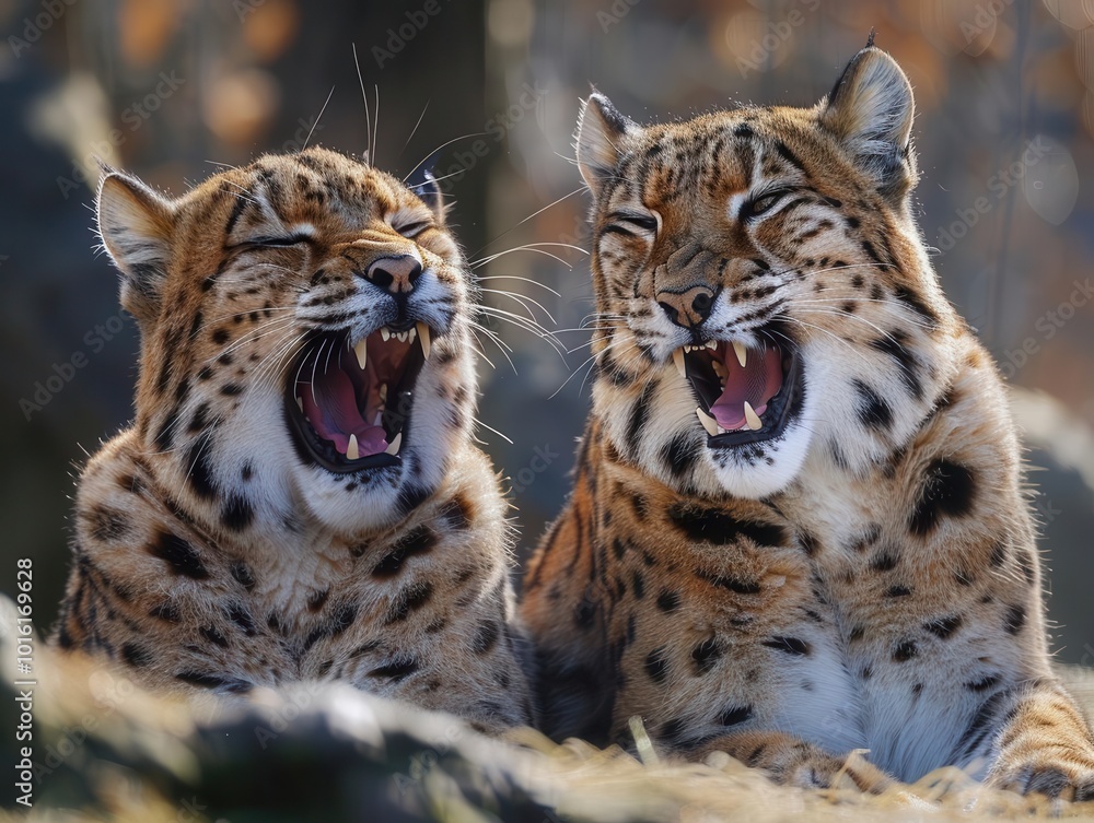 Obraz premium Animals yawning or caught in mid-action poses, dynamic and lively, Nature, Soft tones, Photograph, Natural moments