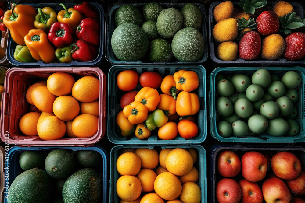 Aerial view of various fruits and vegetables in plastic crates including bell peppers, melons, oranges, avocados, apples, strawberries, and green apples. Aerial view of various fruits and vegetables in plastic crates including bell peppers, melons, oranges, avocados, apples, strawberries, and green apples.