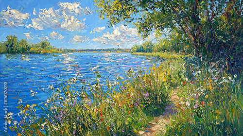 Landscape painting of the Seine River, with a focus on the blue water, green plants, and the tranquil summer environment at Vetheuil