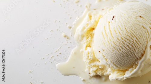 A melting scoop of vanilla bean ice cream on a plain white background, with visible vanilla specks. photo