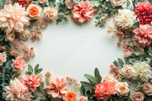 Wallpaper Mural Soft pastel flowers forming a border around a white background, perfect for wedding invitations, greeting cards, and spring-themed presentations, The image conveys elegance and natural beauty, Torontodigital.ca