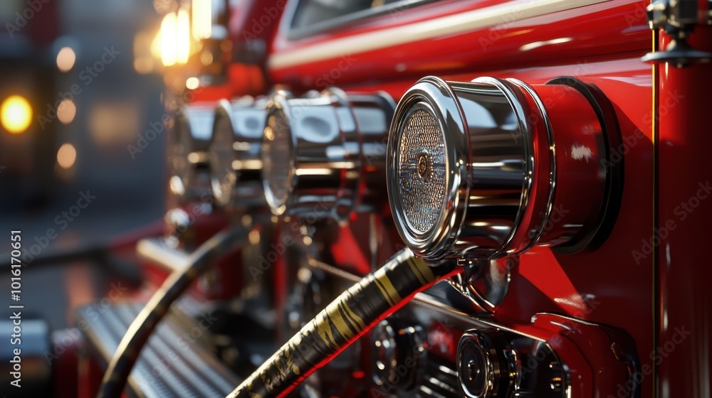Fototapeta premium A realistic close-up of a red fire truck, showing intricate details in the metalwork, hoses, and lights under sunlight.
